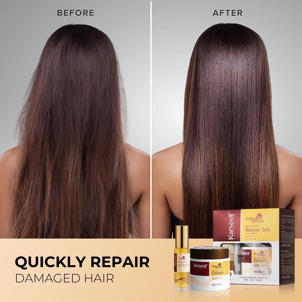 Karseell Maca Essenz Reparatur Set, Kollagen Haarmaske & Haaröl Tiefenreparatur Haarpflege für Trockenes Geschädigtes Haar Alle Haartypen 500ml + 50ml