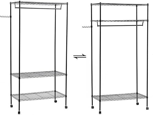 Miniatura 3 de Estantería de alambre resistente de 2 niveles, organizador de ropa con ruedas enrollables de grado comercial con ruedas enrollables, 1 gancho
