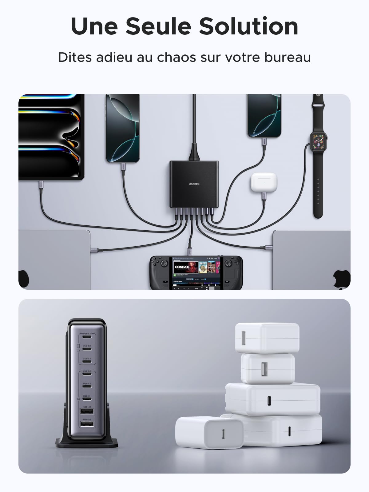 UGREEN Zapix 200W 8 Ports Chargeur USB C Rapide Station de Charge Bureau GaN Tech 100W Compatible avec iPhone 17 Pro Max Air 16 15 14 13 12 iPad MacBook Pro Air Neo M5 M4 M3 M2 M1 Galaxy S26 S25 S24