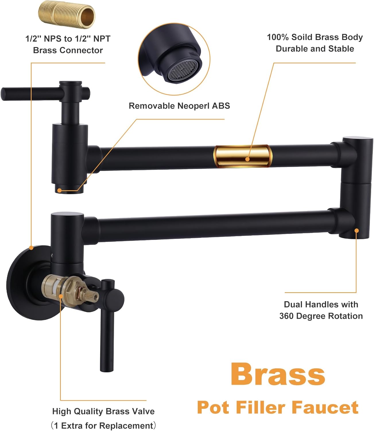 Pot Filler Faucet Wall Mount, Folding Kitchen Faucet with Double Joint Swing Arm, Single Hole Stretchable Brass Faucet with 2 Handles, Black Pot Filler Above Stove
