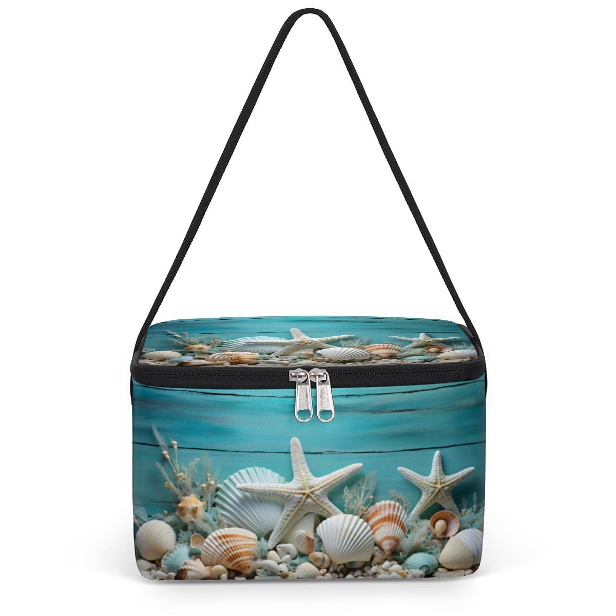 GzLeyigou Starfish Seashell Beach Lunch Bags for Women Men 9 Cans, Hot & Cold Food Delivery Bag Insulated Grocery Bag Insulated Lunch Box Blue Wooden Cooler Bag for Office Work Picnic Beach
