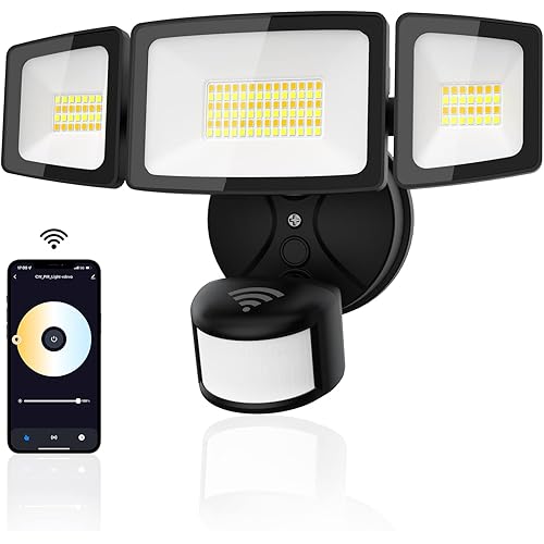 Onforu 55W Smart LED Security Lights Motion Sensor Light Outdoor, 5500LM, 2500K-6500K, APP Control, WiFi Alexa Flood Light Outdoor Motion Detector with Adjustable 3 Head, IP65 Wall Light for Yard
