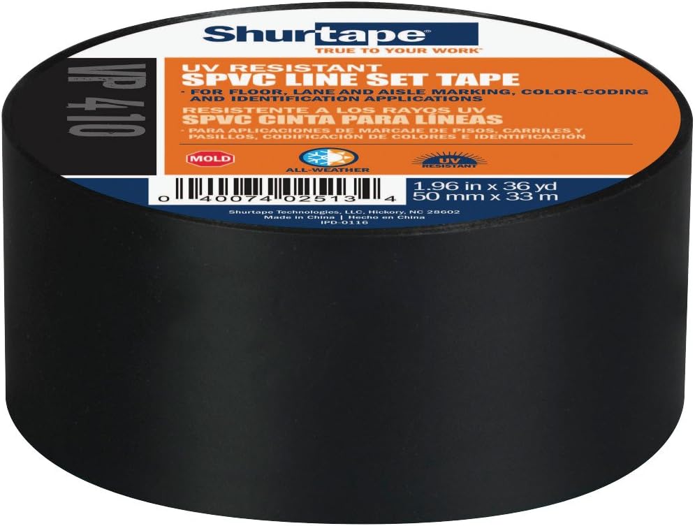 Shurtape VP 410 Colored Line Set and Marking Tape, for Floor/Lane Marking or Color-Coding, Meets OSHA Color-Coding, Black, 50mm x 33 Meters, 1 Roll (104871)