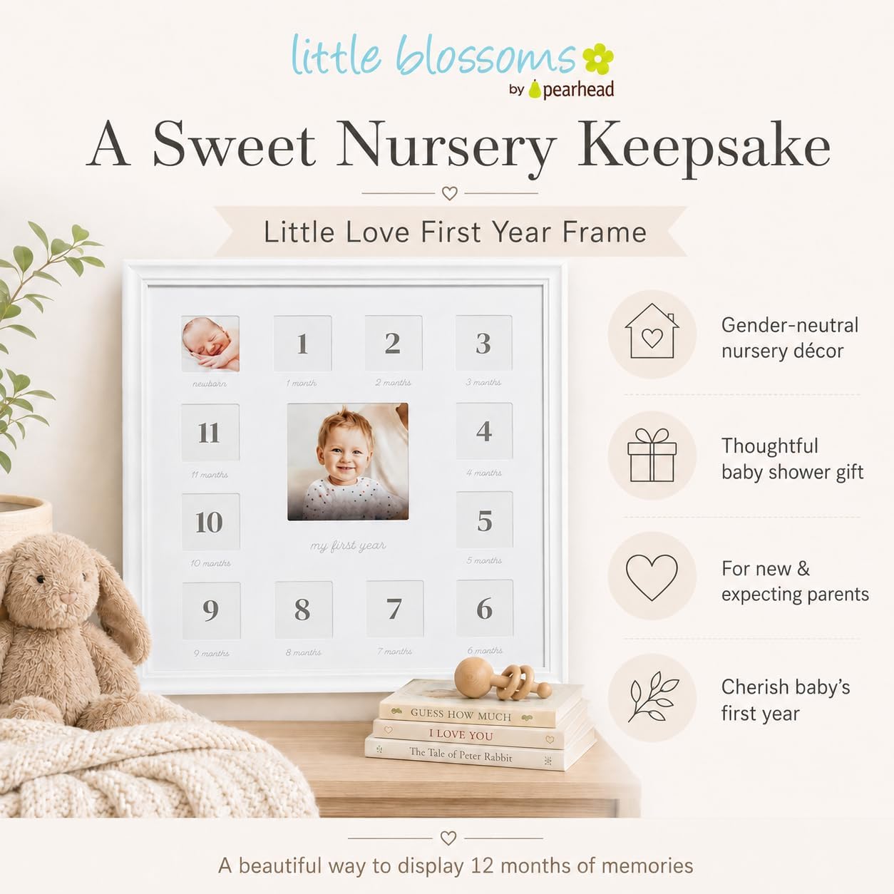 Little Love First Year Frame, Baby's Twelve Months Photo Collage, Gender Neutral Keepsake, Nursery Décor, White