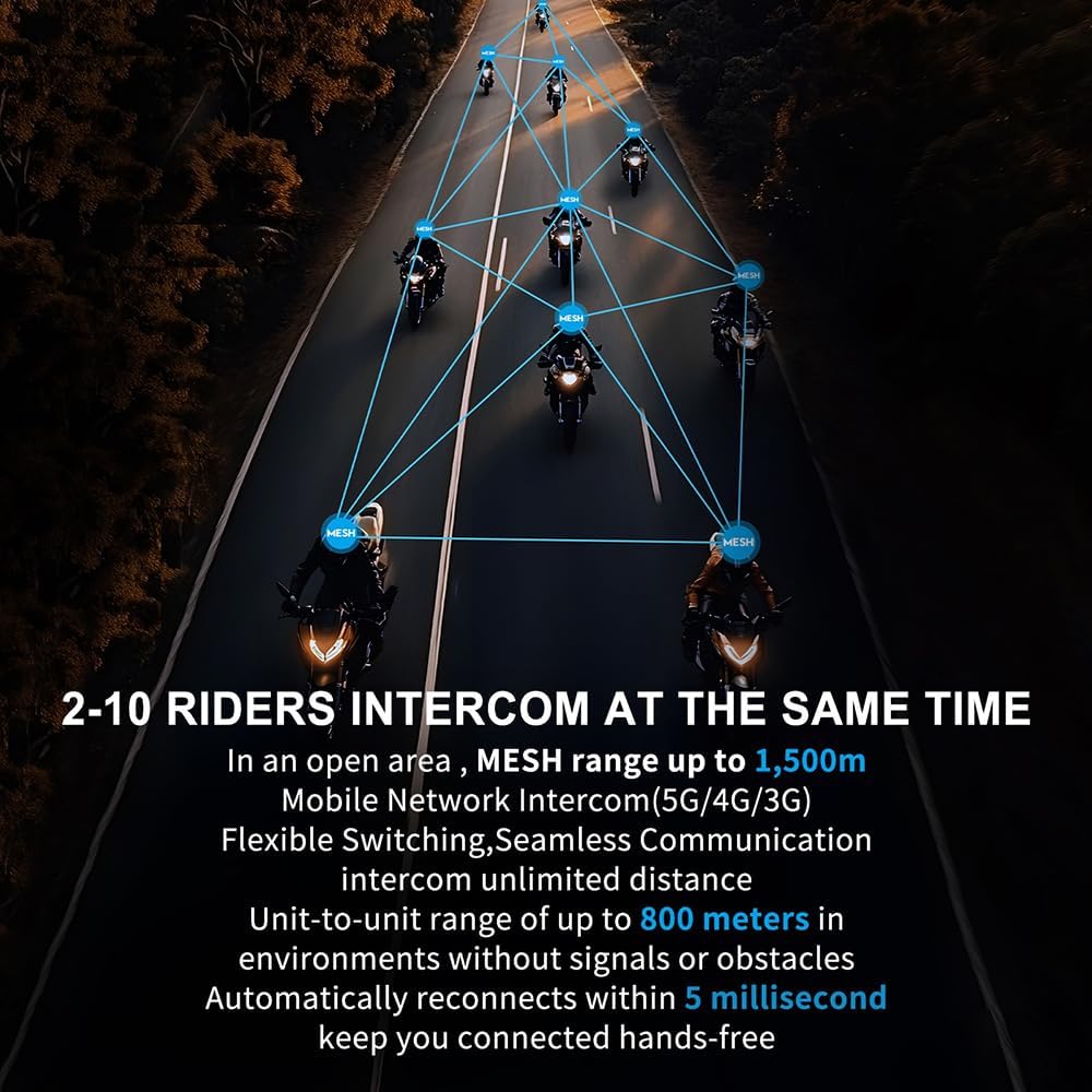 EJEAS X10 Bluetooth Mesh Intercom Headset for Communication System with Ten Riders Group, CVC Noise Cancellation/Waterproof/Hands-Free Calls/Music/GPS for Dirt Bike/ATV/Motorcycle Helmet(Black)