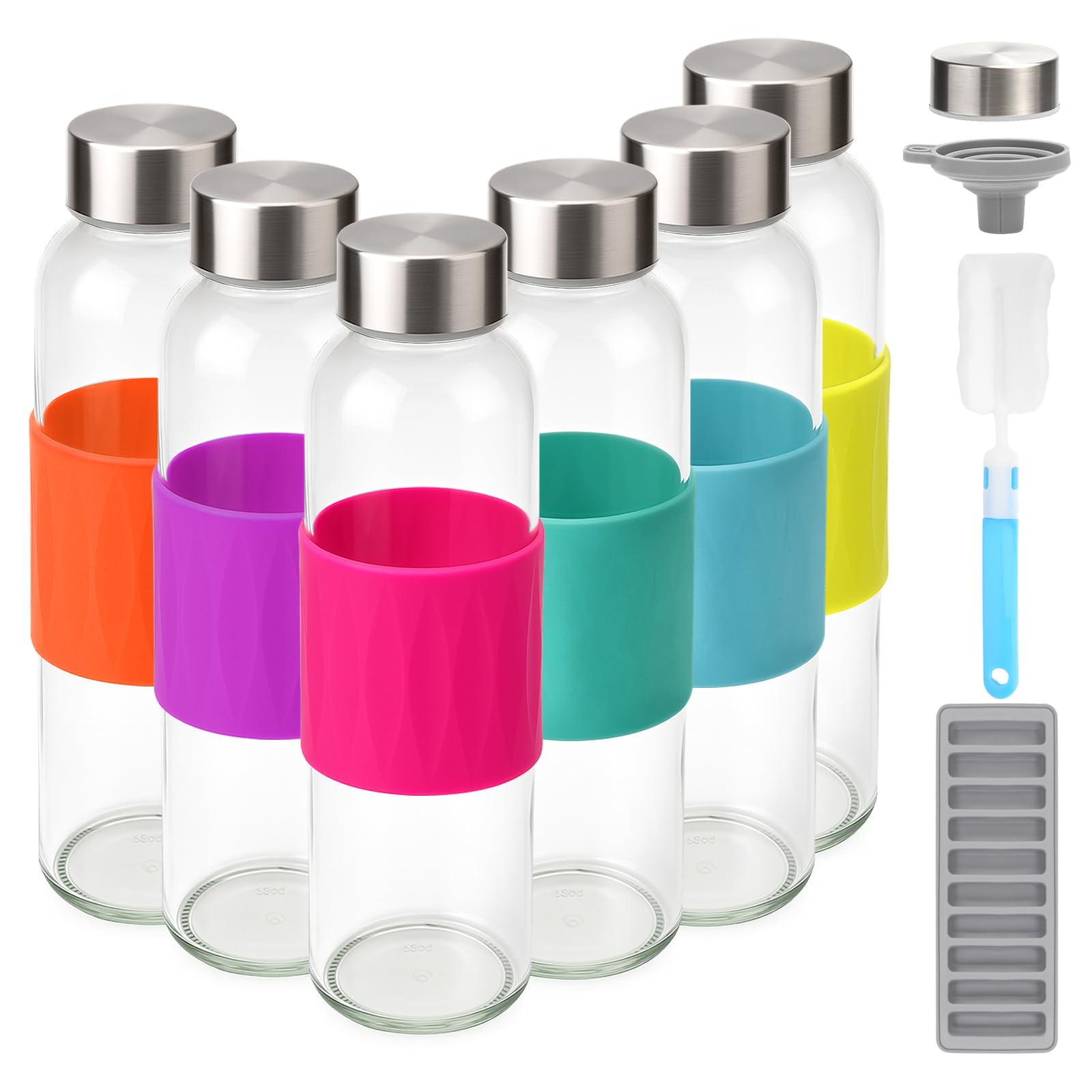 Zukro Glass Water Bottles with Lids & Silicone Grip Sleeve 18 oz, 6 Pack Reusable 100% Leak Proof Juice Bottles With Stainless Steel Cap for Juicing, Smoothie Drinking Jar, Fridge & Dishwasher Safe