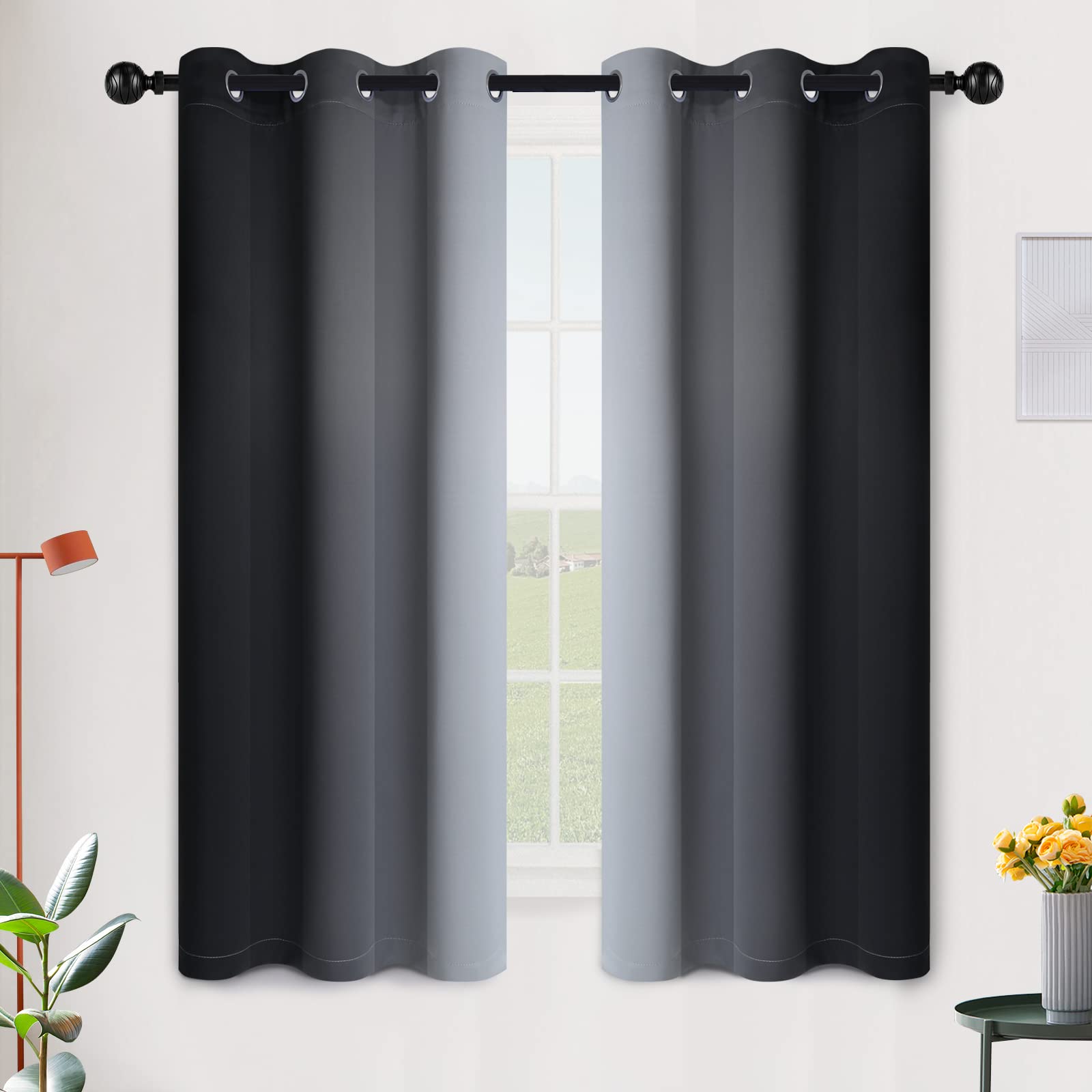 SimpleHome Ombre Room Darkening Curtains for Bedroom, Gradient Black to Grey White Light Blocking Thermal Insulated Grommet Window Curtain/Drapes for