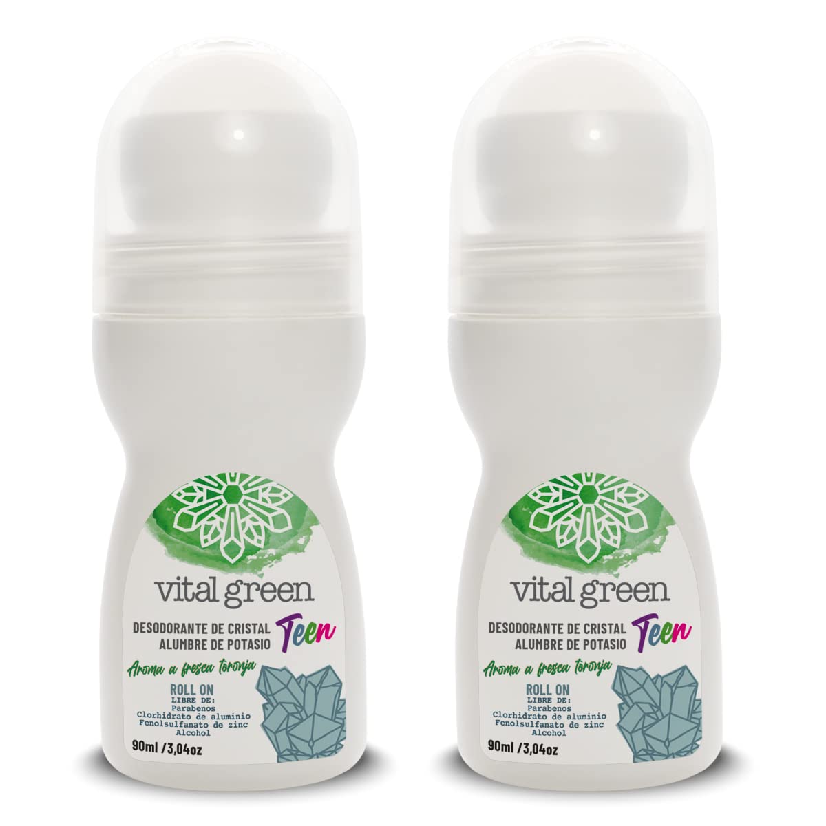 Vital Green - Natural Potassium Alum Crystal Stone Deodorant for Children with Grapefruit Extract. Gentle on Skin, Eliminates Odor and Non-Stain. Presentation Roll On 90g - 3 fl oz (2 Units)