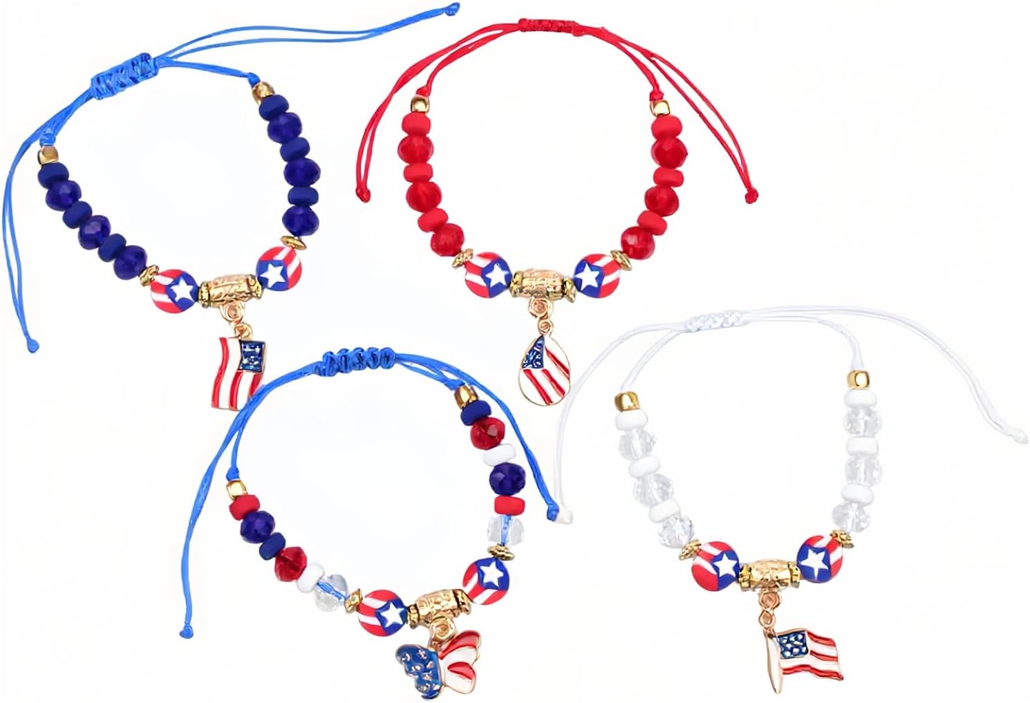 American Flag Charm Bracelet Set, Red White and Blue Beaded Adjustable Bracelets, Patriotic Theme image 2