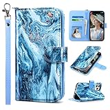 ULAK Coque pour iPhone 12/12 Pro, coque portefeuille avec rabat pour femme, portefeuille en similicuir, support / fente pour carte pour iPhone 12/iPhone 12 Pro 6,1 pouces, Bleu marine (Marble Navy)