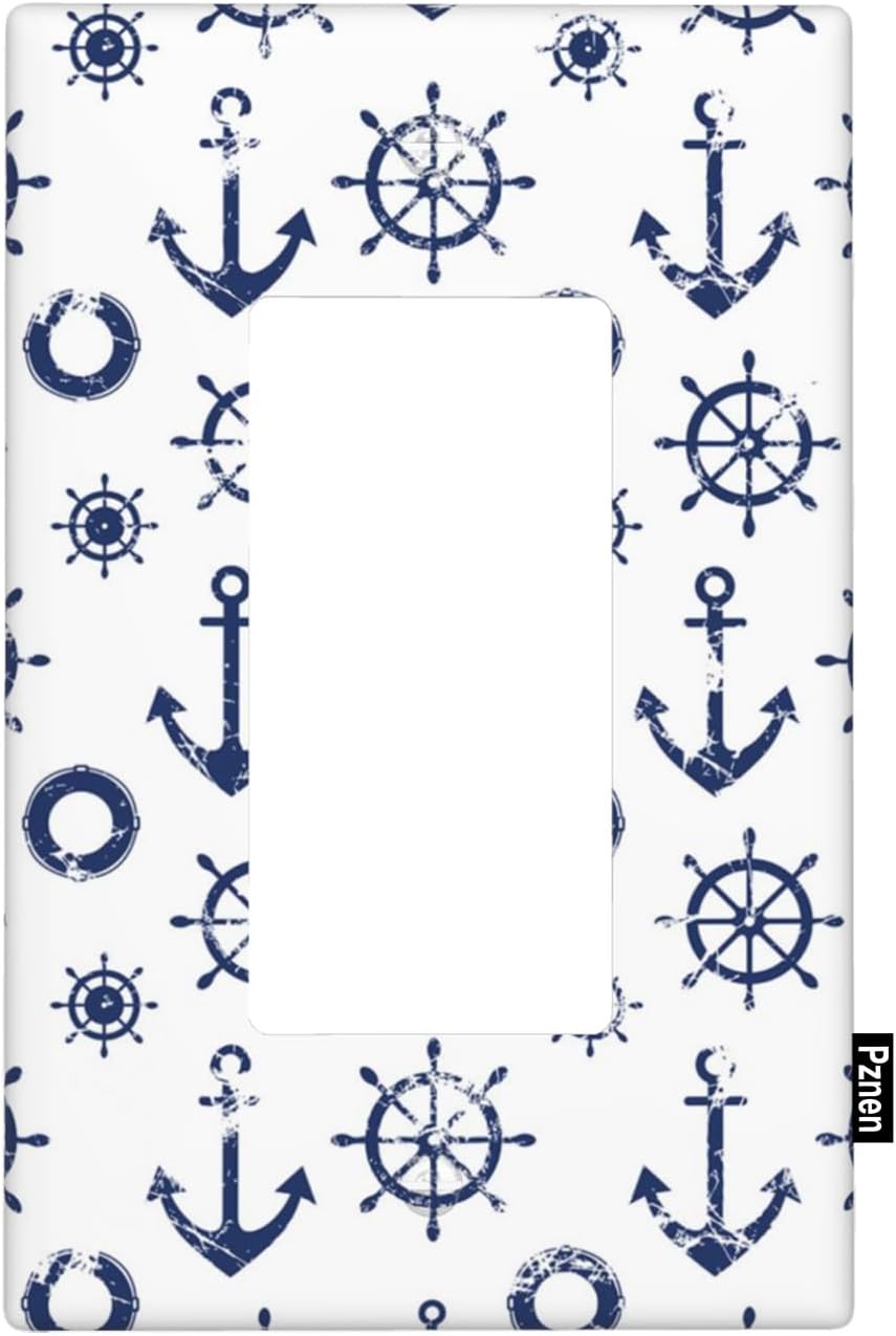 Decorative Nautical Blue Anchor 1-Gang Single Rocker Wall Plate, Ocean Navy Anchor Coastal Light Switch Cover Plates 4.5"x 2.76" for Bedroom Bathroom Beach Decor