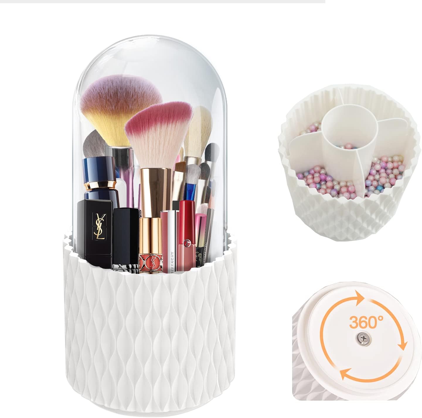 MLAYMultifunctional Makeup Brush Holder - Waterproof 360 Rotating Cosmetics Make up Brush Organizer Storage with Lid for Vanity and Bathroom,Pair with a pack of mermaid pearls.