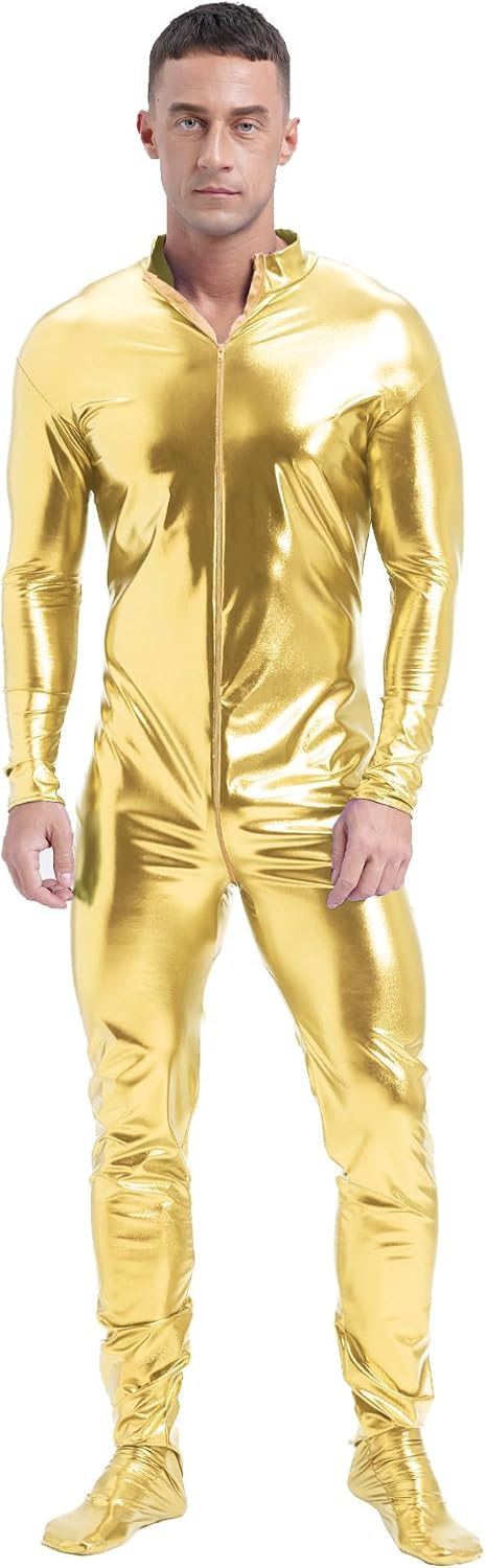 YiZYiF Men's Shiny Metallic Unitard Zentai Zipper Stretchy Bodysuit Long Sleeve One Piece Jumpsuits