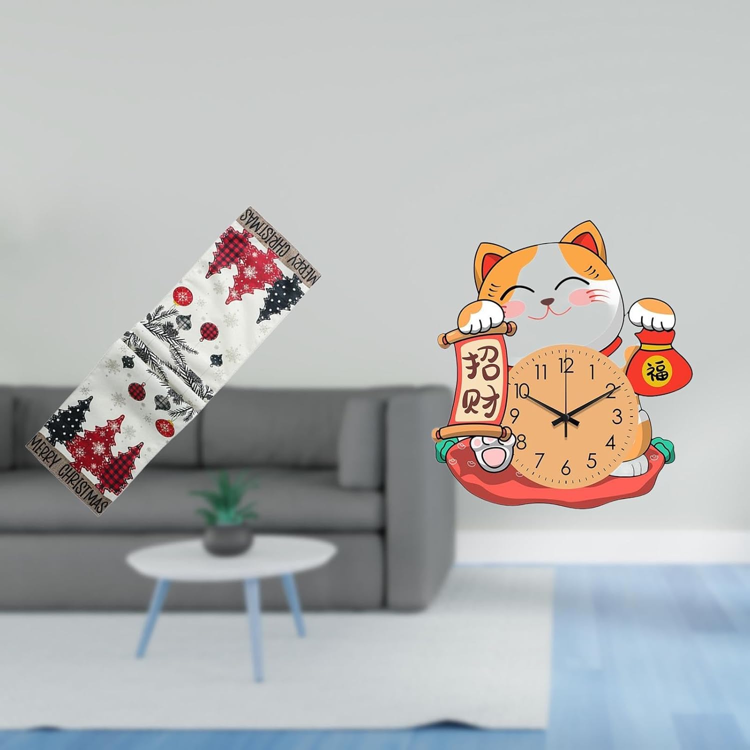 Fenteer Festive Winter Table Decor and Cat Wall Clock for Holiday Home Seasonal Christmas Tablecloth and Silent Hanging Clock for Kids Bedroom Kitchen