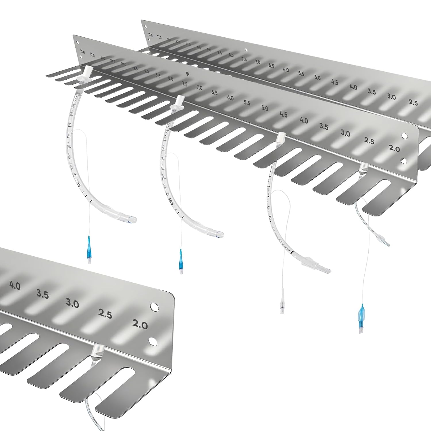 2Pack 27.5 inch Stainless Steel Endotracheal Tube Rack – 21-Slot (2.0–13 ) Wall-Mount Holder for Veterinary Intubation Tubes