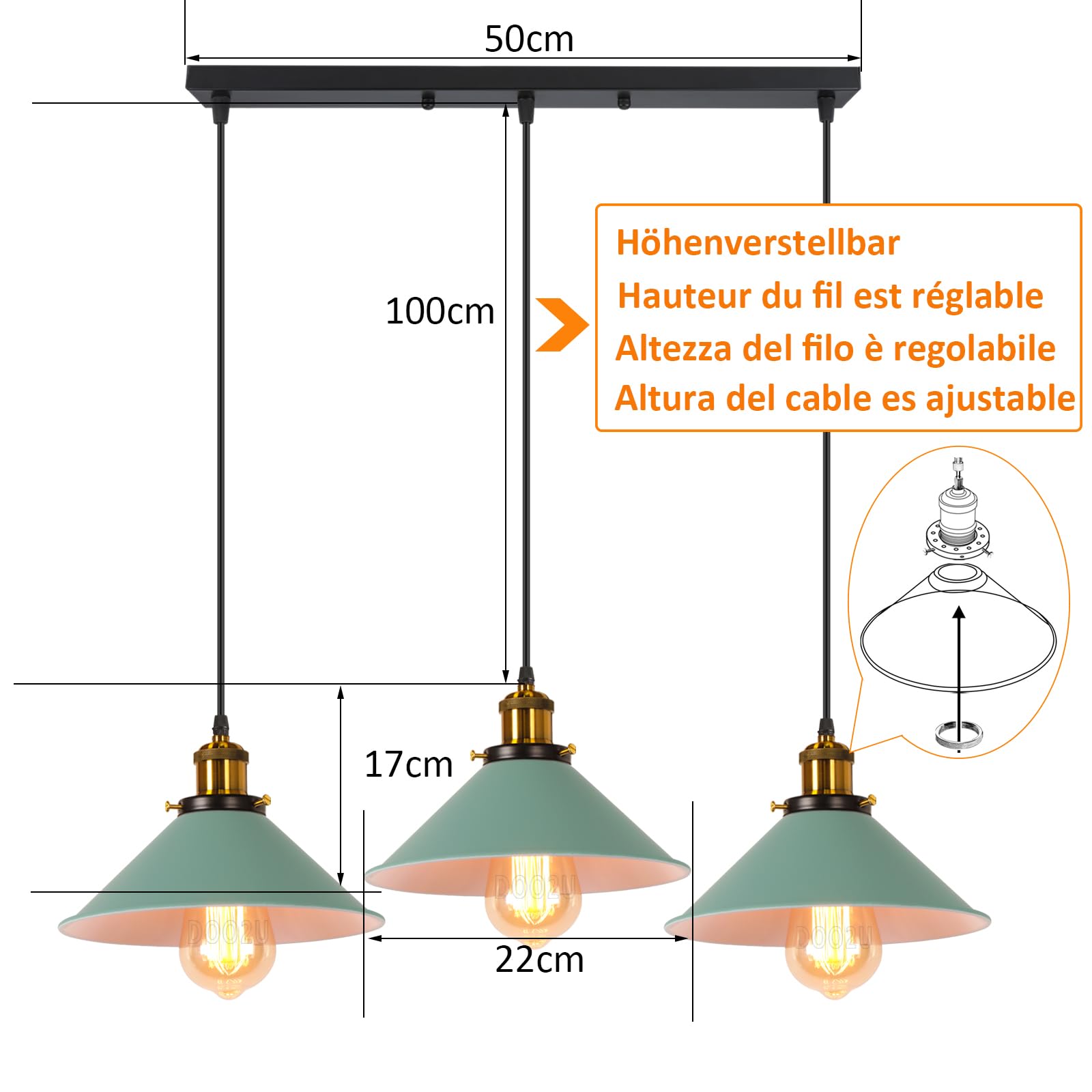 Lampadario a sospensione industriale 3 Luci Plafoniera Vintage Metallo Lampada da soffitto in Stile Edison Attacco E27 Paralume Ø22cm per Cucina Caffè Bar (Verde)