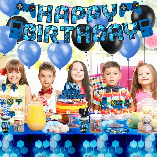 Blue Video Game Party Supplies - 212Pcs Gamer Gaming Party Decoration For Boys Birthday Party - Table Cover, Plates, Cups, Napkins, Utensils, Hanging Swirls, Birthday Banner, Cupcake, Topper Cake Topper & Balloons Serves 16 Guests #TOP5