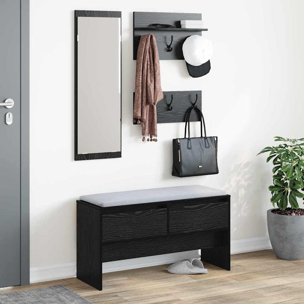 Hothingwell Möbelset für Eingangsbereich, 4-teilig, Eiche, Schwarz, Holz, Ingenieurwesen | Sitzbank mit Sitz, Spiegel, Acryl, Integralgarderobe, Pflege mit feuchtem Tuch