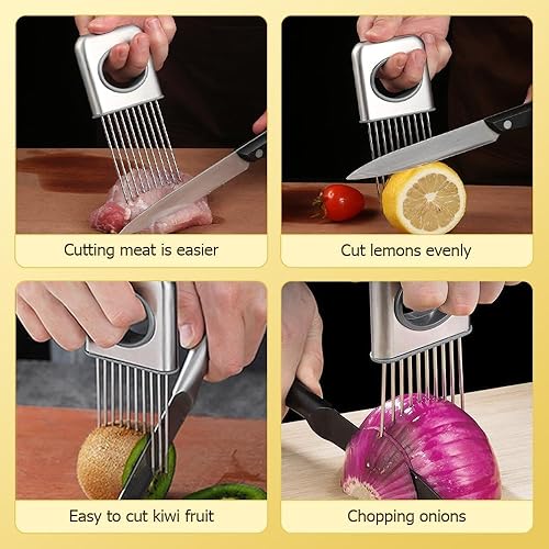 Miniatura 7 de Nuevo soporte para rebanar cebolla, soporte de cebolla de acero inoxidable para cortar verduras cortador de papa y tomate, herramienta asistente de