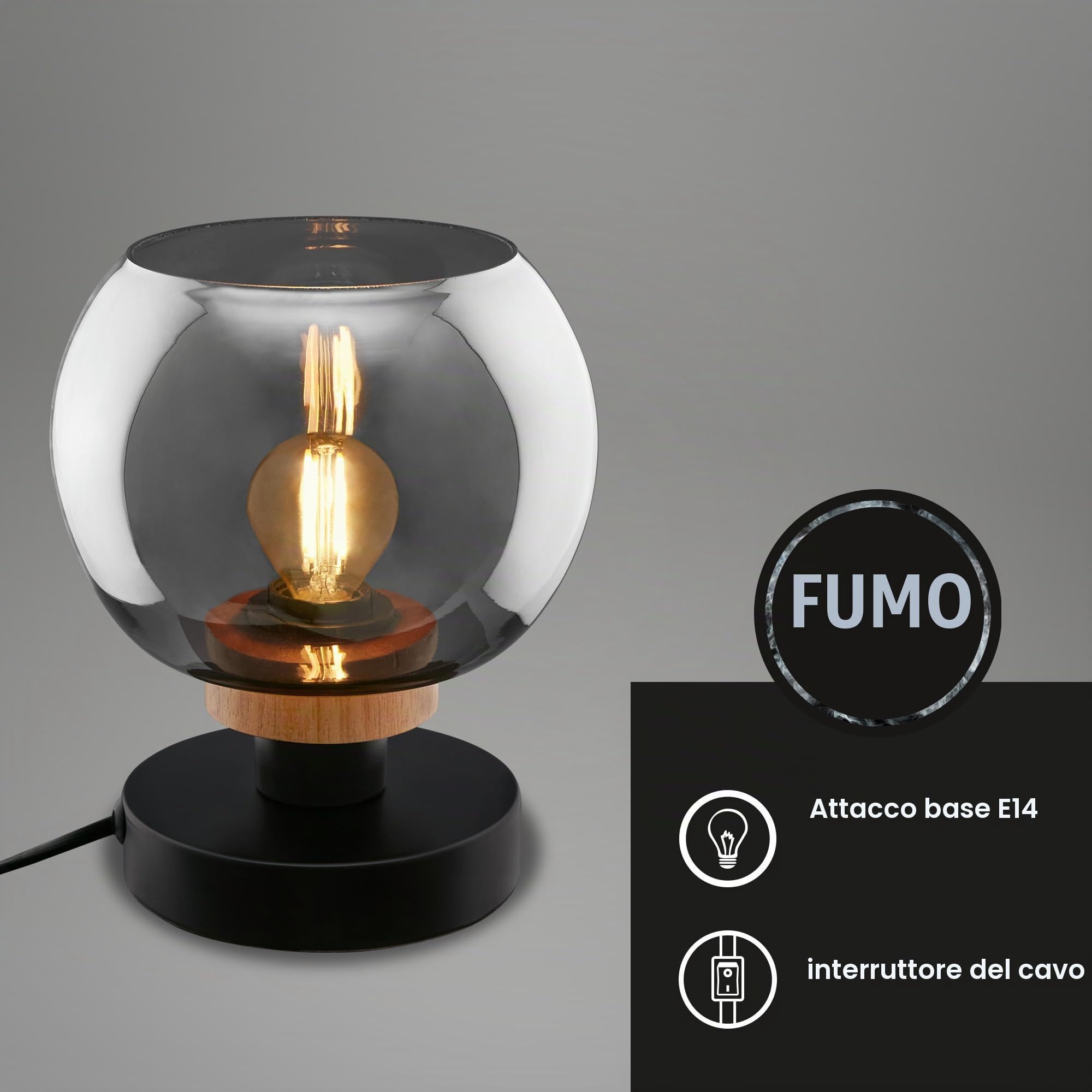 BRILONER - Lampada da comodino, vetro fumé, lampada da scrivania con interruttore a cavo, lampada da tavolo E14 per home office, lampada da lettura, legno nero