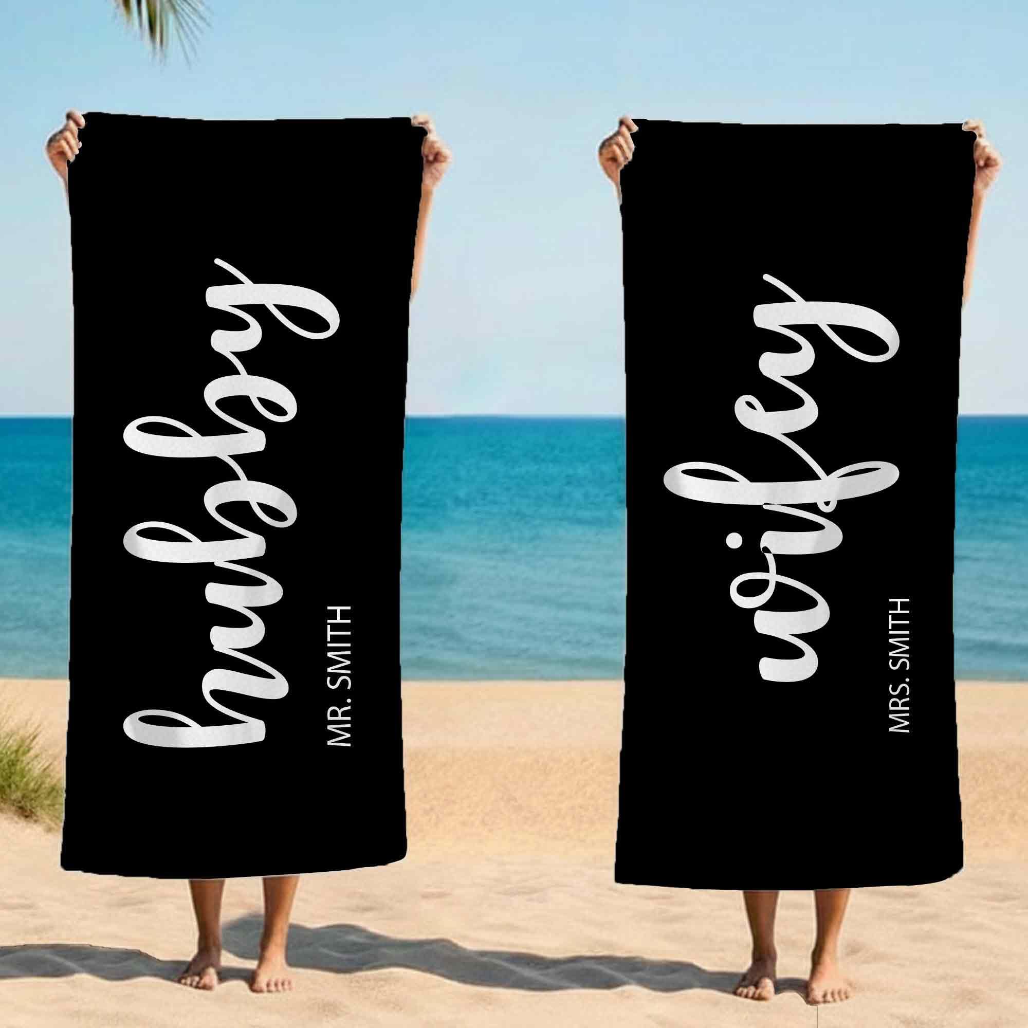 Print Maniacs Custom Hubby Wifey Towel Personalised Couple Name Beach Towel Microfibre Large Quick Dry Lightweight Travel Towel Honeymoon Holiday Pool Spa Gift