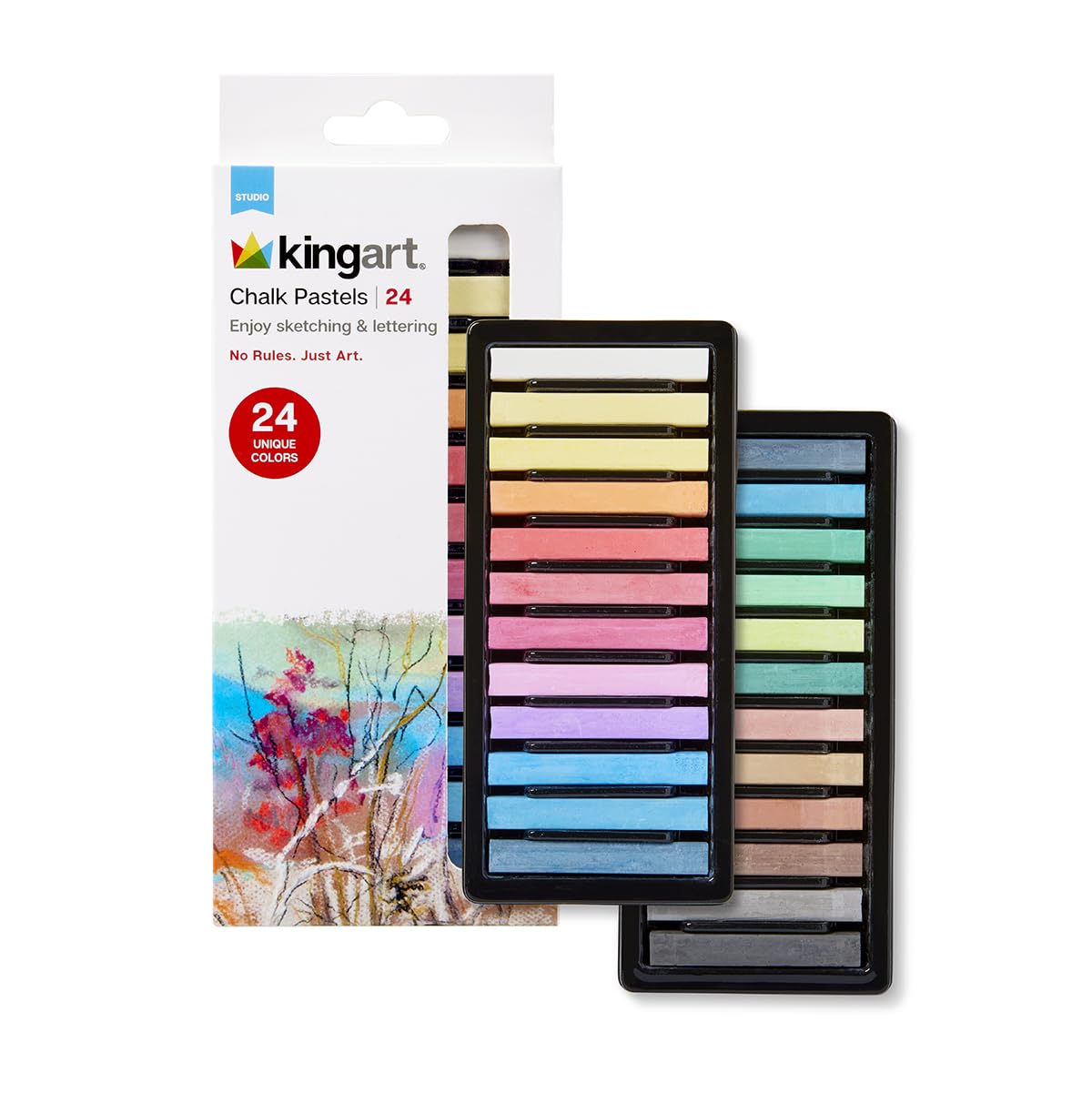 KINGART 175-24 Soft Chalk Pastels, 24 Assorted Colors, Square Charcoal, Drawing Media for All Artist