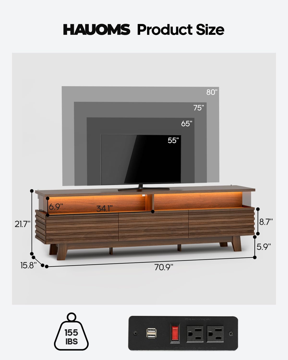 HAUOMS 70.9”TV Stand for Living Room with Cable Management, Hidden Power Station, LED Lights, Media Console up to 80", Entertainment Center, Fluted Modern TV Cabinet with Storage, Anti-Tip, Walnut
