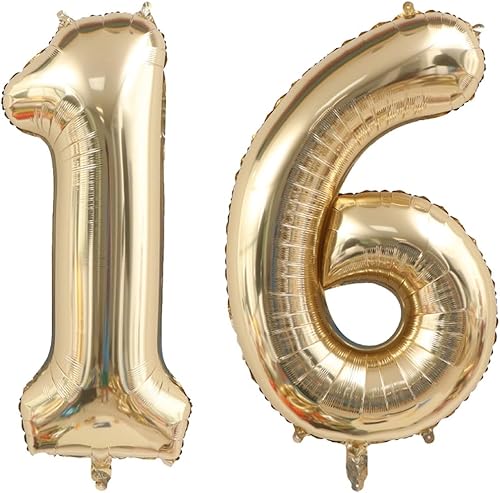 Globos de oro claro de 40 pulgadas con el número 16, globos gigantes de oro blanco con helio de 16 de aluminio de Mylar para helio, globos digitales