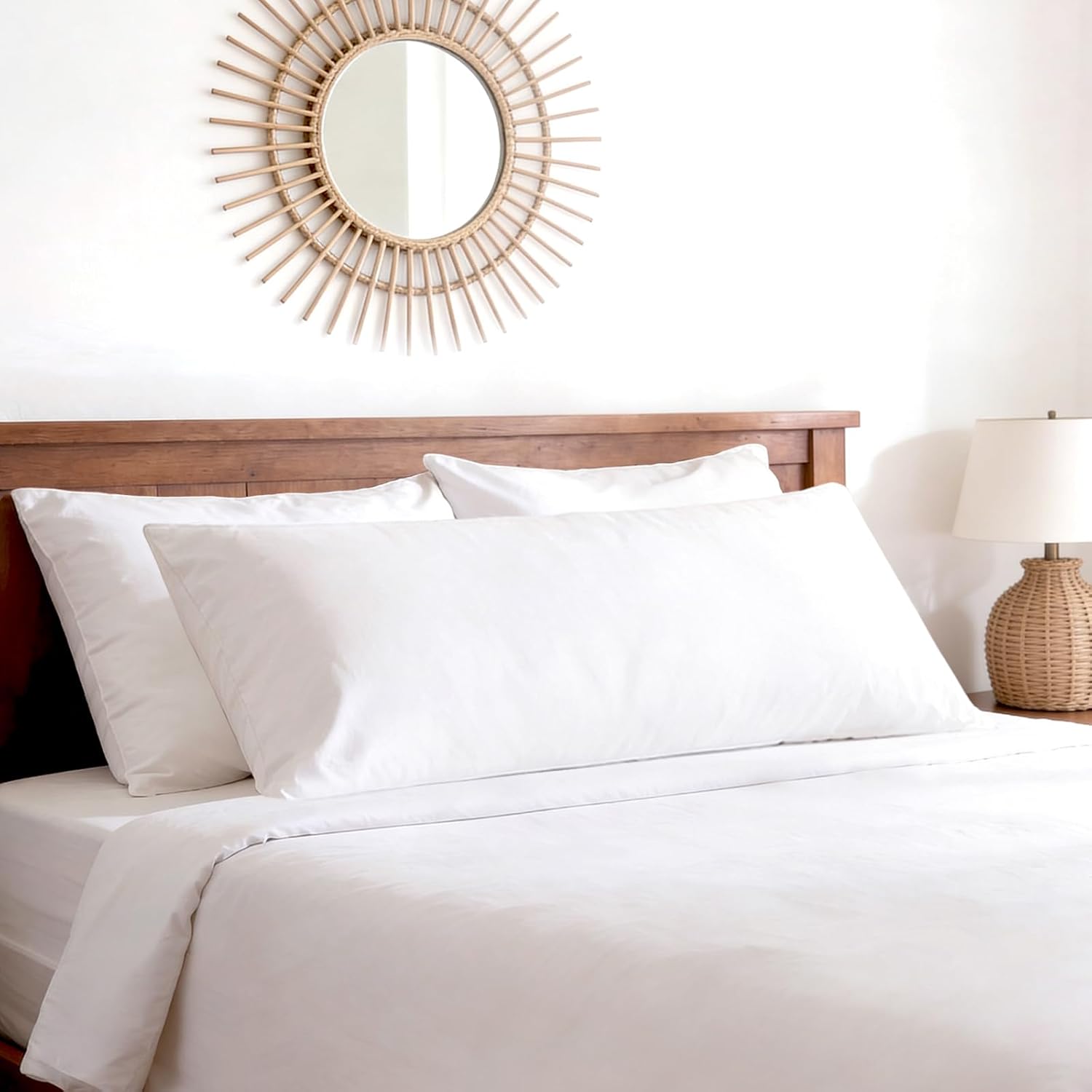 Pizuna Cotton Long Body Pillow Cover for Bed - White, 400 Thread Count 100% Long Staple Cotton Sateen, Cooling Case with 6 Inch Flap