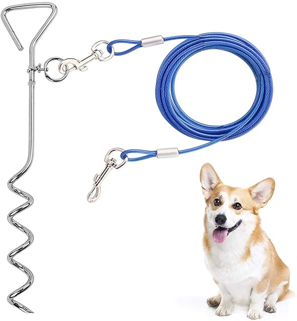 Dog Tie Out Cable and Stake, Spiral Pet Ground Anchor Spike Heavy Duty Stake-Out Dog Spike in Ground for Outdoor Camping Yard and Garden, Small, Medium Pets (10FT, Blue)