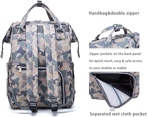 Miniatura 3 de Starte Mochila para pañales de camuflaje, mochila de viaje impermeable multifunción grande para mamápapá con bolsillos aislados y correas para