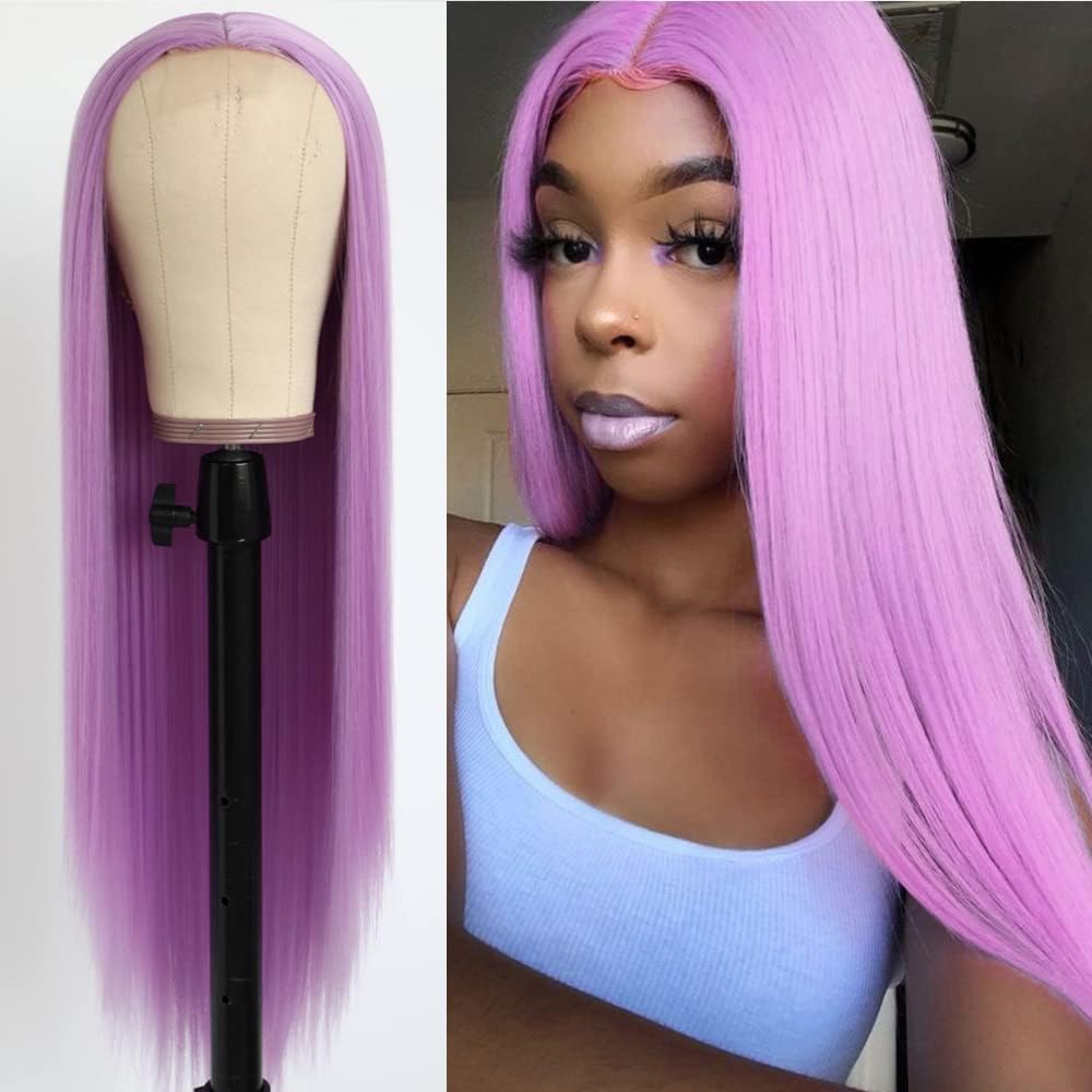 QD-Tizer Light Purple Color Long Straight Wig Synthetic Hair No Lace Front Wigs for Fashion Women Heat Resistant Glueless Wig