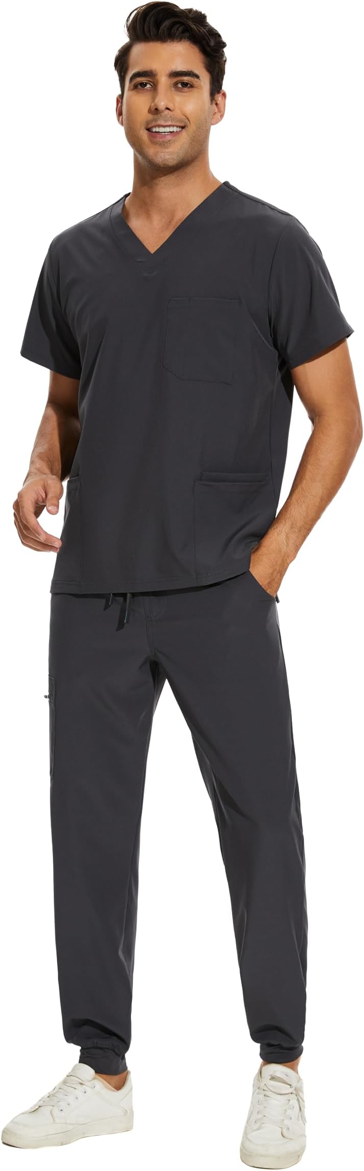 COZYFIT Men Scrubs Set - Stretch V-Neck Scrub Top & Jogger Pant with 8 Pockets, Yoga Waistband, Anti-Wrinkle Scrubs for Men