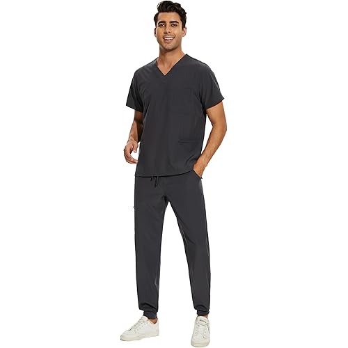 COZYFIT Men Scrubs Set — Stretch V-Neck Scrub Top & Jogger Pant with 8 Pockets, Yoga Waistband, Anti-Wrinkle Scrubs for Men