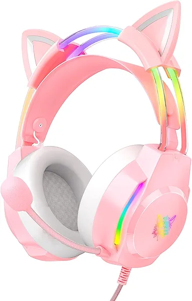 ONITOON Gaming Headset with Microphone, Cat Ear Headphones for PC Laptop PS4 PS5 Xbox Switch, Rainbow RGB Lighting & Virtual Surround Sound, 3.5mm Wired Over Ear Headphones, Ergonomic