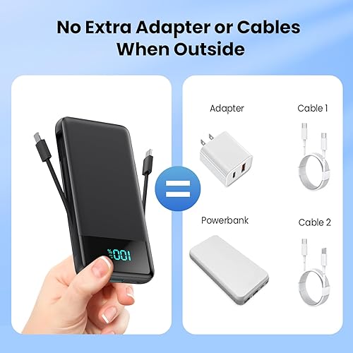 Miniatura 6 de Cargador portátil para iPhone, banco de energía delgado de 13800 mAh con cables integrados y enchufe de pared de CA, todo en uno, 4 salidas USB C,