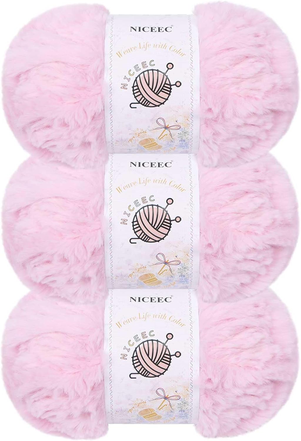 NICEEC 3 Skeins Chunky Fur Yarn - Super Soft Faux Fur, Fluffy & Fuzzy, Eyelash Yarn for Crochet & Knitting (84yds/15.9oz) - First Blush