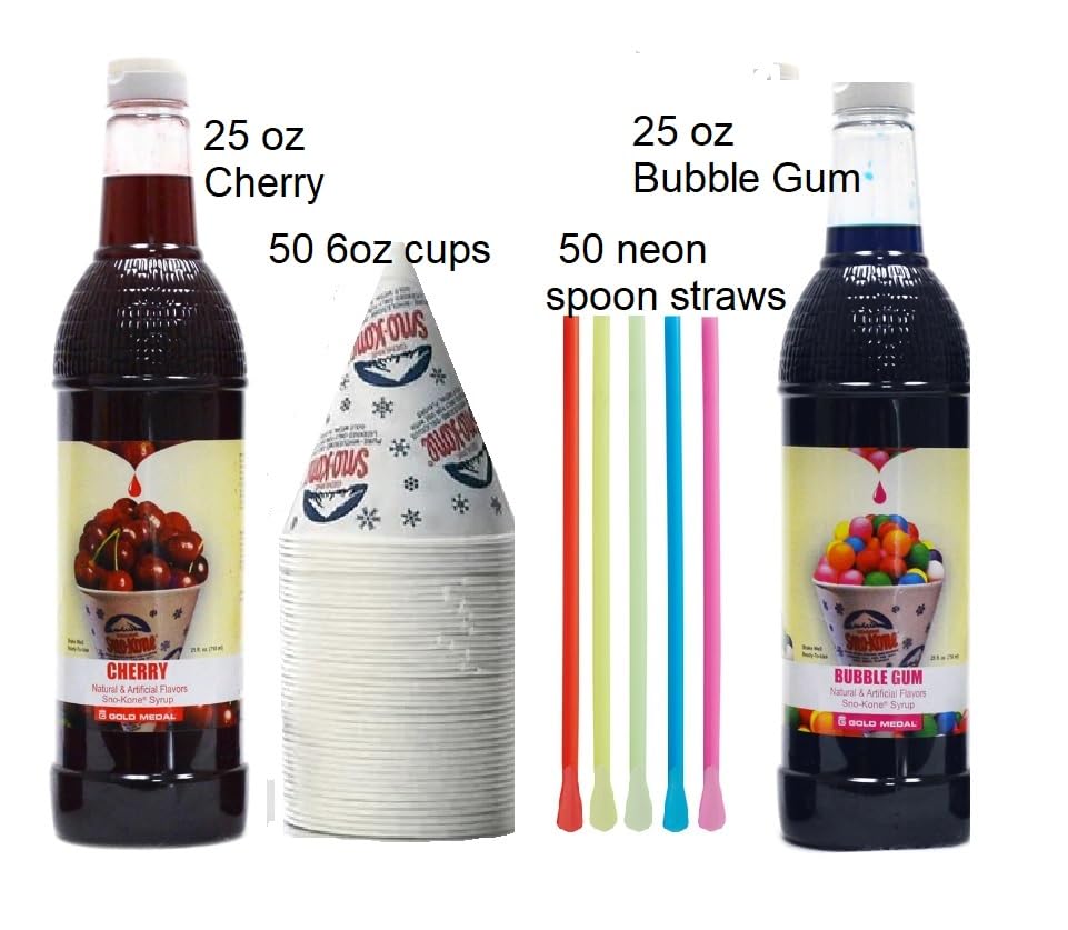 Miniatura 2 de Kit de cono de nieve  Paquete de 2 botellas de jarabe saborizadas, popotes de cuchara, tazas  Suministros de cono de nieve para chips de hielo,