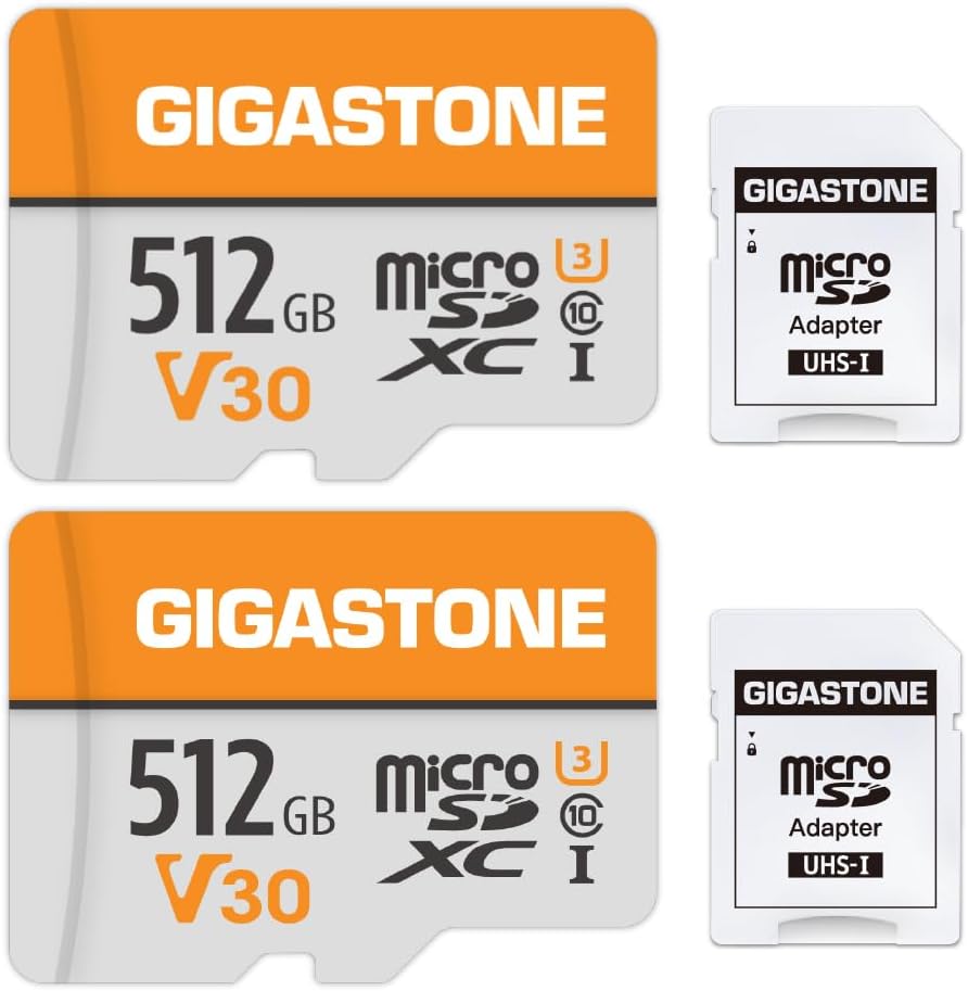 [Gigastone] 512GB Micro SD Card 2 Pack, 4K Video Pro, Surveillance, Security Camera, Action Camera, Drone, 100MB/s MicoSDXC Memory Card UHS-I V30 Class 10