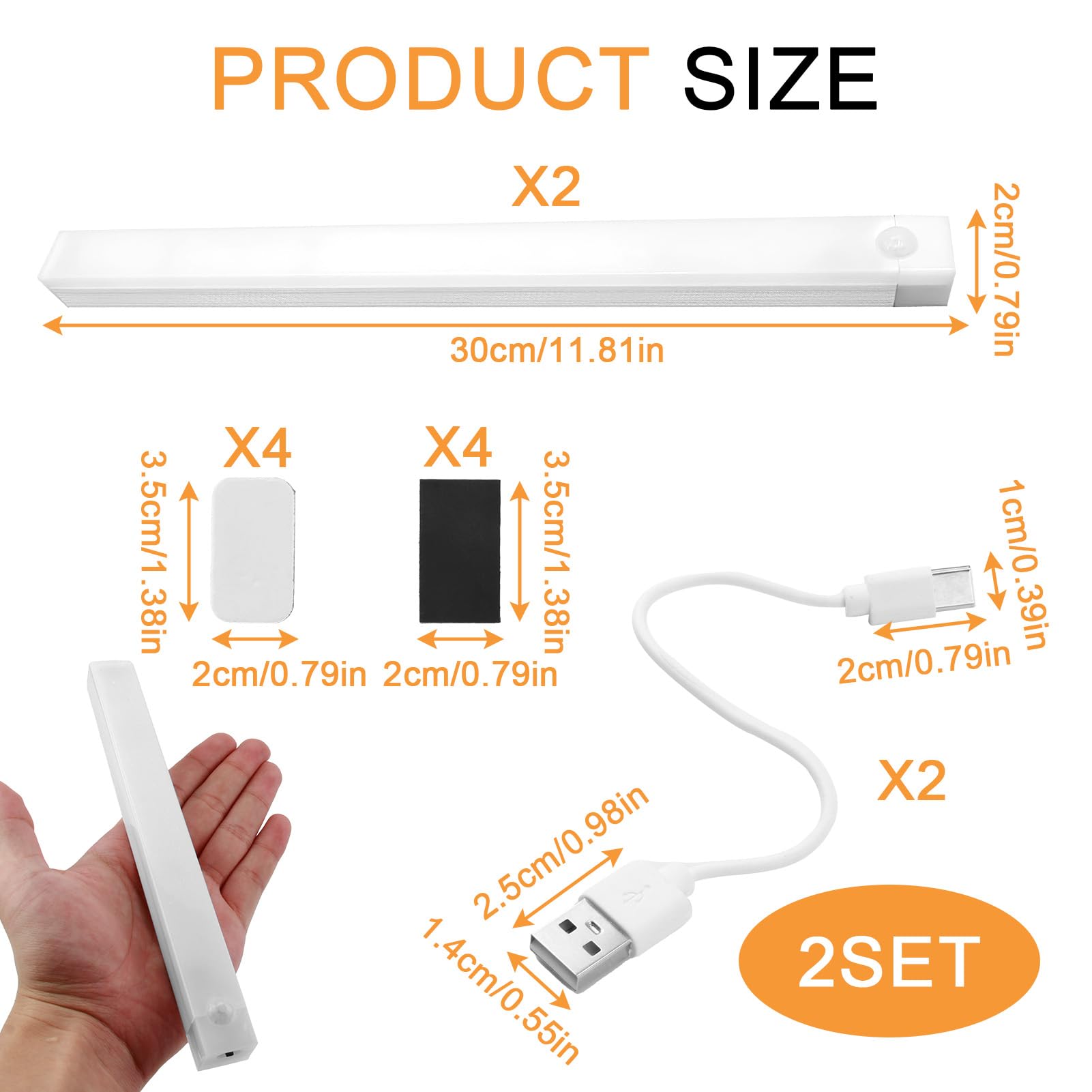 Under Cupboard Kitchen Lights 30cm Cabinet Light Motion Smart Sensor Magnetic Led Indoor Rechargeable Strip Light AUTO/ON/OFF Stick on Wireless USB Powered for Shelf Stairs Counter Closet Bedroom - Image 2