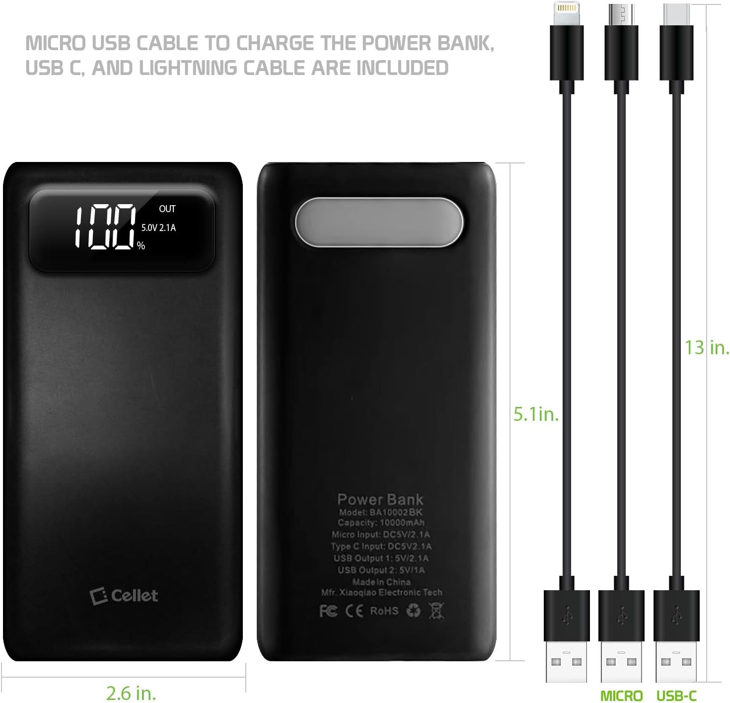 Cellet 10000mAh Portable Power Bank with included Micro USB, USB-C, and Lightning cables