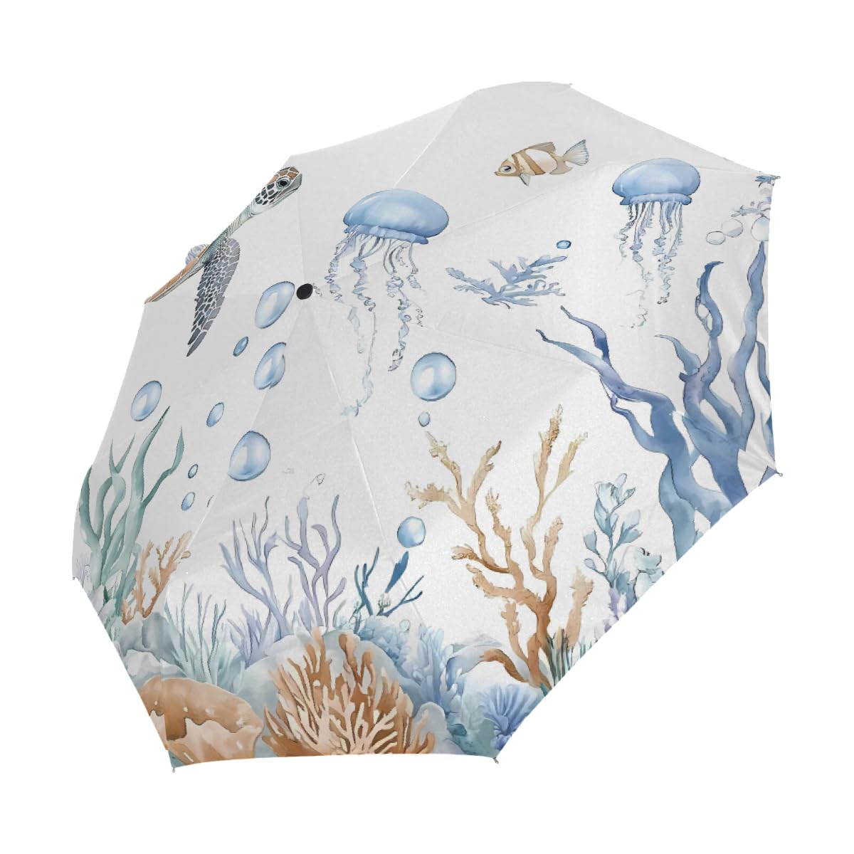 Ombrello pieghevole con tartaruga marina e medusa, ombrello da viaggio, compatto, antivento, impermeabile, con protezione UV, rivestimento nero, leggero, 8 costine, portatile, per pioggia e