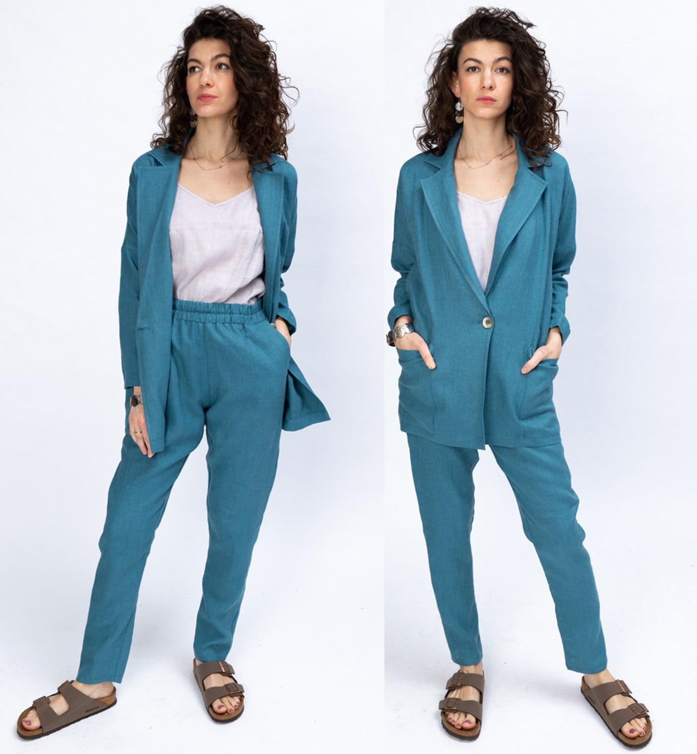 Donna Tuta in Lino 2 Pezzi con Un Bottone, Giacca e Pantaloni per Un Abbigliamento da Lavoro Casual.