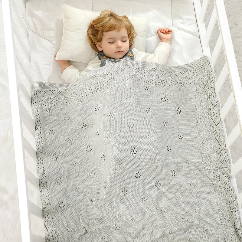 LAWKUL Cellular Blanket Baby 100% Cotton Knitted Soft Knit Crochet Blankets for Newborn Boy Girls Toddler 100x80cm Light Grey - Image 3