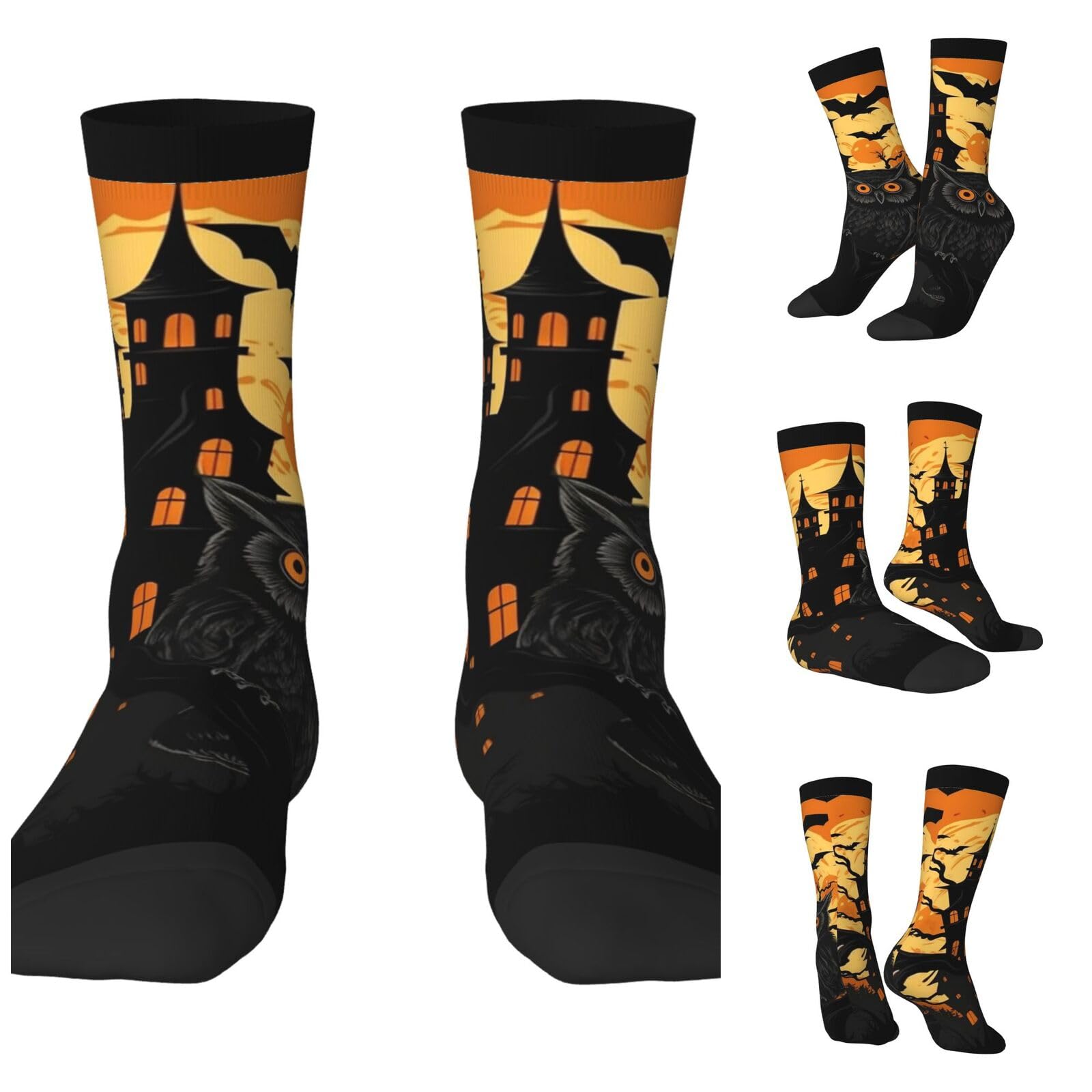 LZQPOEAS Black Tree Owl Pumpkin Head Castle Athletic Socks Unisex Cushioned Crew Socks Hiking Running Calf Sock Soft Above Ankle Sock