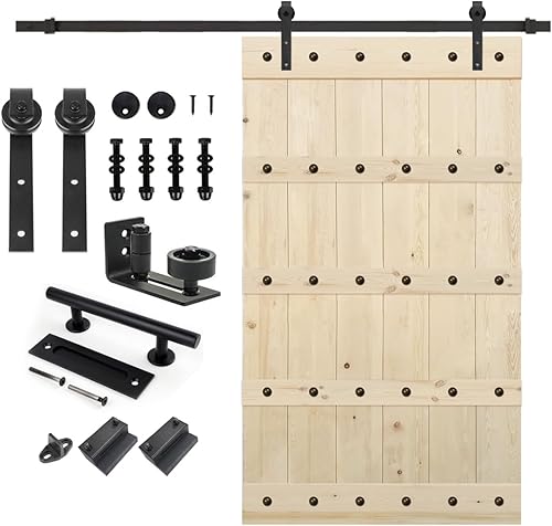 Miniatura 79 de S&Z TOPHAND 48" x 80", Puerta estilo granero British Brace de madera nudosa, sin terminar, con kit de herrajes para puerta corredera de 8', madera