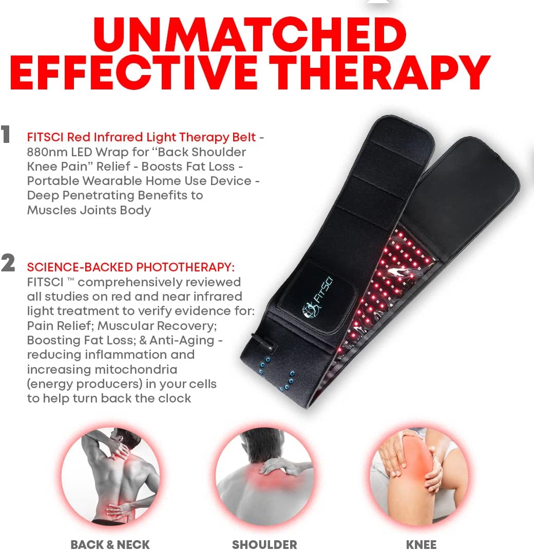 Red Infrared Light Therapy Belt - 880nm LED Wrap for Back Shoulder Knee Pain Relief - Portable Wearable Home Use Device - Deep Penetrating Benefits to Muscles Joints Body