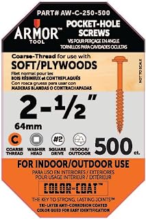 ARMOR Tool Pocket Hole Screws - 2-1/2" Coarse Thread Joinery Screws 500 Pack with Orange Color Coat & Square Drive - AW-C-250-500