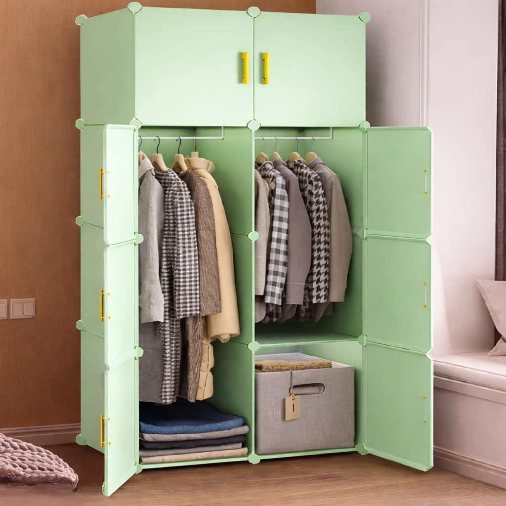 SNKR ESSENTIALS 8 Door Foldable Plastic Wardrobe for Clothes Baby Cupboard for Clothes Storage, Wardrobe for Kids, Plastic Almirah, Collapsible Wardrobe for Living Room (Green-Y3, 8-Door)