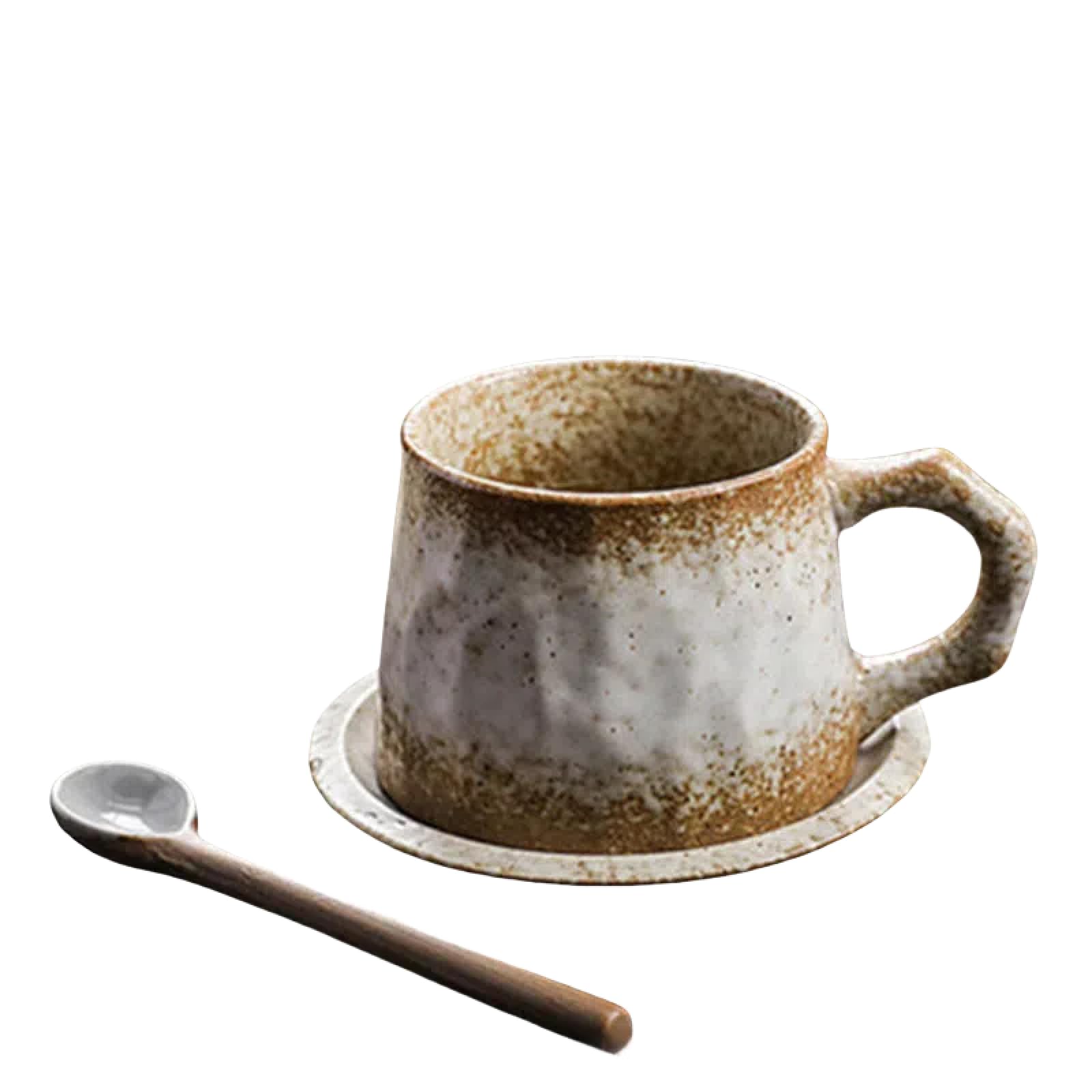 Juego de Taza y platillo de cerámica de 310 ml - Taza de té de cerámica rústica, Estilo Vintage, Textura de gres Hecha a Mano, diseño esmaltado único (Blanco Degradado)